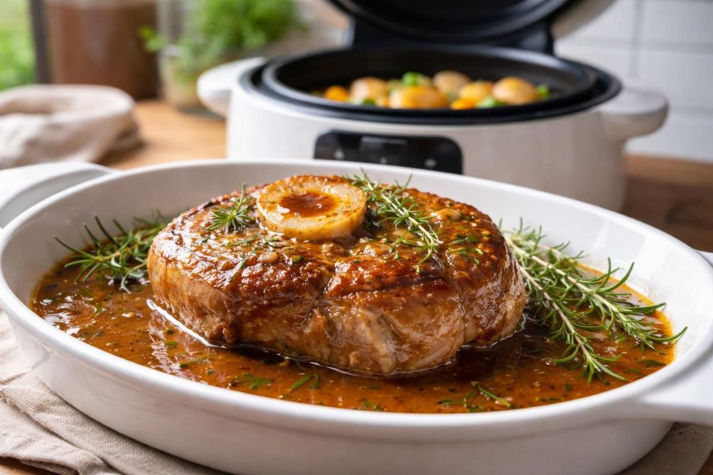 découvrez une recette facile et savoureuse de rouelle de porc tendre cuite au cookeo avec un fond de veau parfumé, parfaite pour un repas gourmand et rapide.